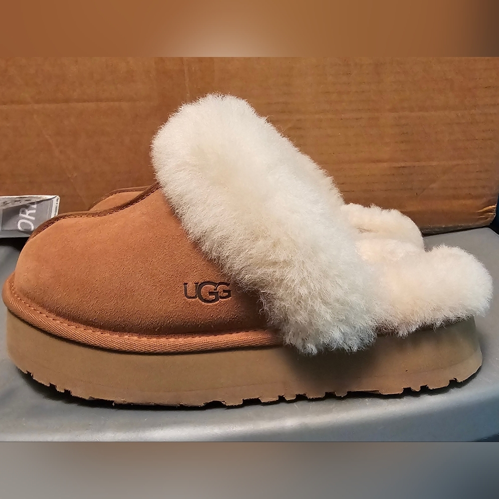 UGG Chestnut Suede Shearling Clog Slippers with Ivory Fur Trim